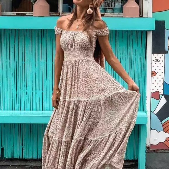 SOLD OUT Bohemian Leopard Off Shoulder Maxi Dress - Picture 3 of 9